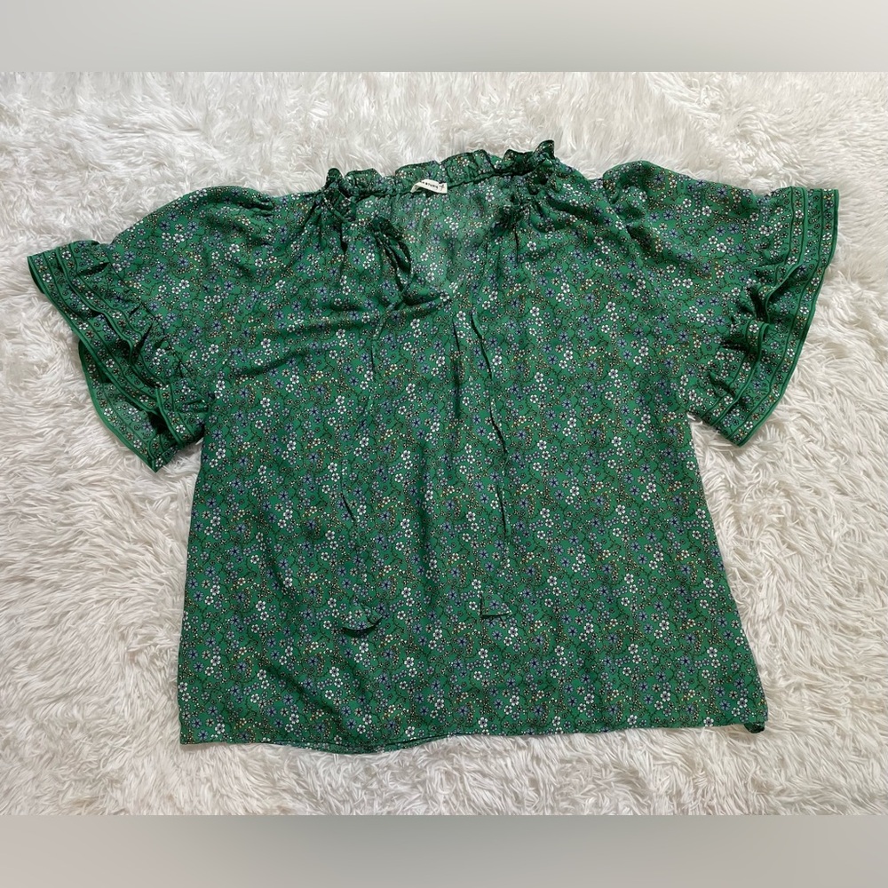 Max Studio Cottagecore Prairie Peasant Green Floral Boho Top Sheer Blouse 2X XXL